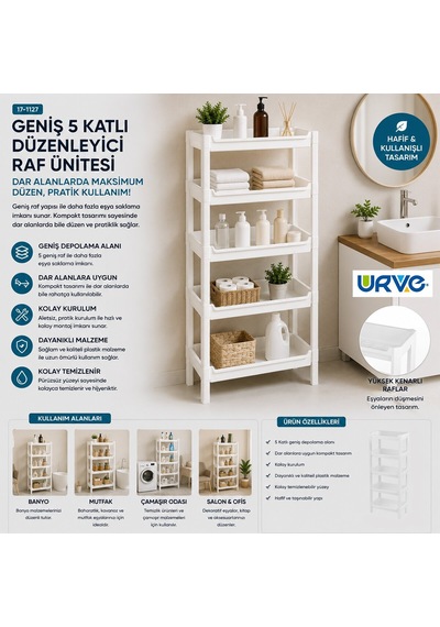 Urve Ur-3603 Rafty Geniş 5 Katlı Sepet Organizer Raf Ünitesi 355x220x870 Mm Diğer