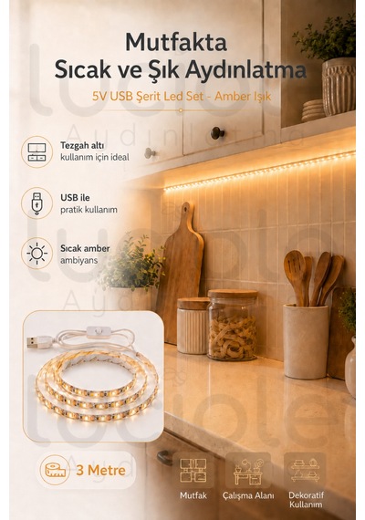 3 Metre 5v Usb Amber Şerit Led Anahtarlı Mutfak Tezgah Altı Tv Masa Kamp Powerbank Sıcak Işık