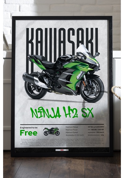 Kawasaki Ninja H2 Sx Siyah Ahşap Çerçeveli Poster, Dekoratif Motosiklet Duvar Tablosu