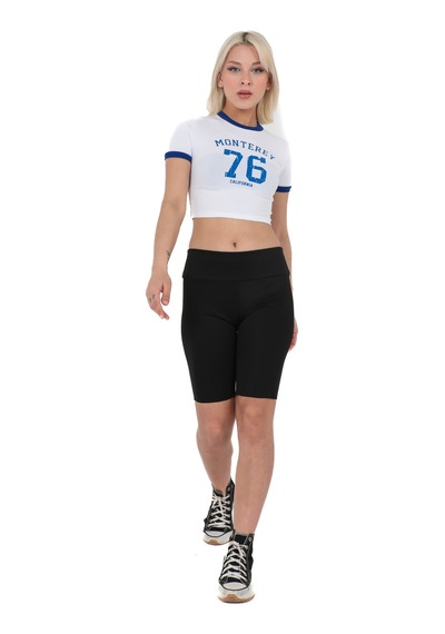 Sortie Collection Bisiklet Yaka Önü Baskılı Pamuklu Crop Tişört Beyaz