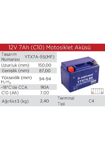 12 V 7 Ah Amper Ytx7a Bs Yiğit Akü Motosiklet Aküsü