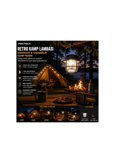 Şarjlı Kamp Lambası Led Gece Feneri Taşınabilir Balkon Piknik Kamp Feneri Askılı Kamp Feneri Siyah