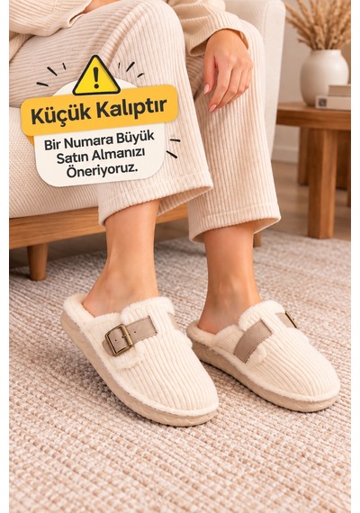 Wordex Slc 2308 Yumuşak İçi Peluşlu Kışlık Sıcak Tutan Kadın Ev Terliği Krem