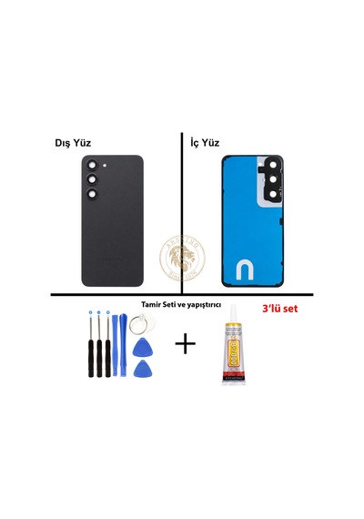 Samsung Galaxy S23 Siyah Renk Lensli Arka Kapak + Tamir Seti + B7000 Yapıştırıcı Arka Cam Batarya Kapağı Pil Kapağı Lazer Kesim Back Cover Galaxy S23 Uyumlu 53955994