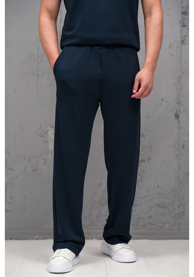 Mass Plus Regular Fit Likralı Kendinden Çizgili Yarım Baggy Pantolonlu T-shirt Takım Lacivert