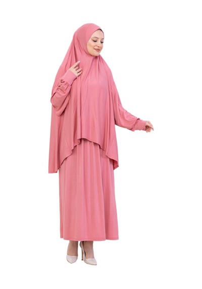 Modish Group İki Parça Namaz Elbisesi Uzun Pamuklu Tesettür Giyim Abaya & Başörtüsü Set Gül Kurusu