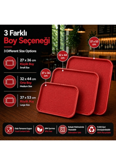 6 Adet Abs Servis Tepsisi Kaymaz Yüzeyli 32x44 Cm Kırmızı Renk Endüstriyel Kullanıma Uygun, Kırılmaz, Bpa Free 7 Renk Seçenekli