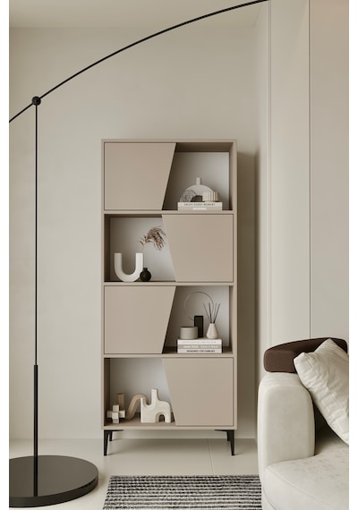 Roma Kitaplık 175 Cm - Vitrin - Gümüşlük 100% Mdf Metal Ayak Kumtaşı