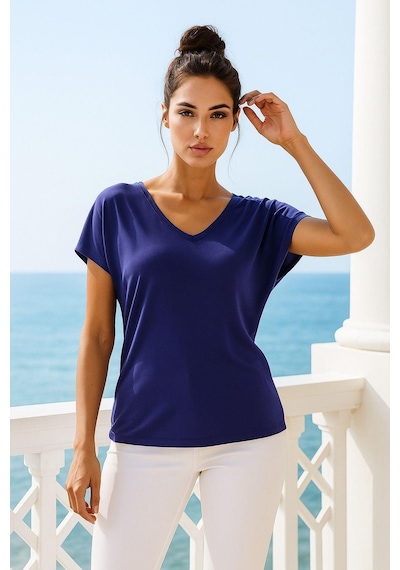 Kadın Lacivert Viskon V Yakalı T-shirt Kısa Kol Rahat Kesim Bluz Çok Renkli