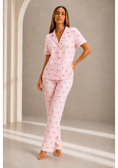 Kadın Kısa Kol Rahat Kalıp Şık Pembe Pijama Takımı