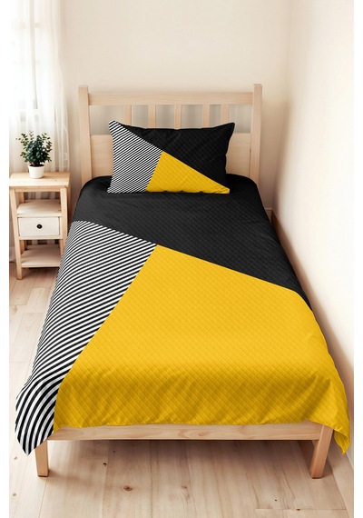 Sarı Geometrik Genç Odası Tek Kişilik Pike Takımı - Siyah Çizgili 160x220 Cm Kapitone Yatak Örtüsü Naif Bahçe Gölgesi
