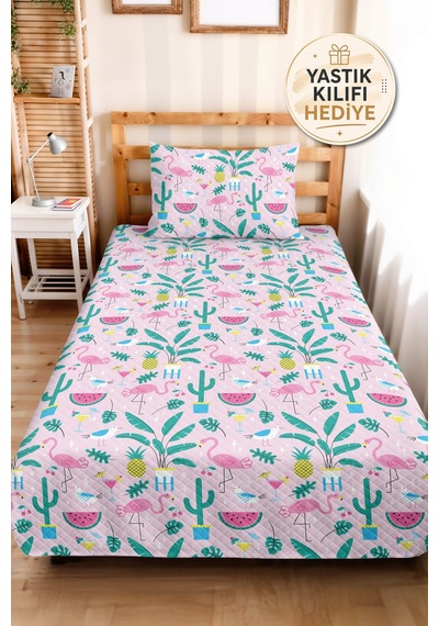 Evimde Bambaşka Flamingo Tropikal Pembe Kız Çocuk Pike Takımı-kaktüs Ananas Mint Bebek Odası Yatak Örtüsü 160x220  CM