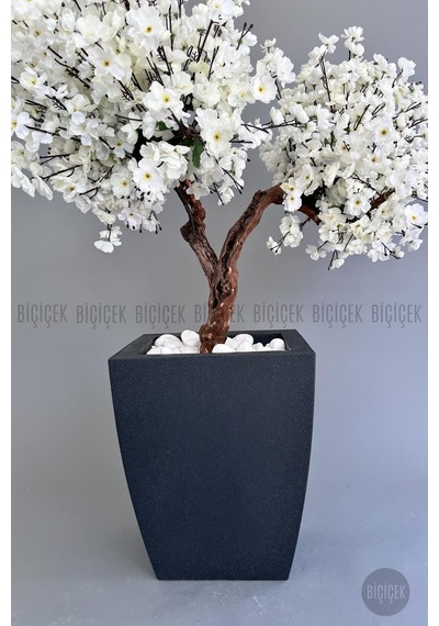 Biçiçek Yapay Beyaz Sakura Ağacı 100 Cm Bahar Dalı Antresi̇t Kare Saksıda