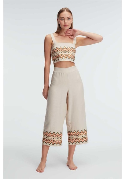 Askılıoyuk U Yaka Geometrik Yazlık Uzun Nakış Detaylı Pijama Takı Krem