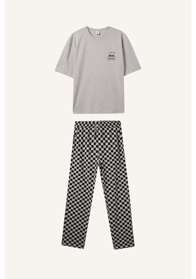 Defacto Boxy Fit Kısa Kollu Baskılı Üst Damalı Desenli Alt 2li Pijama Takımı I3018ax26augr100 Gri-gr100