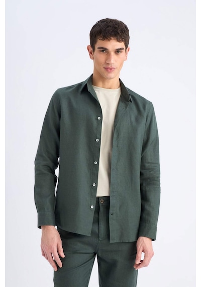 DeFacto %100 Keten Regular Fit Polo Yaka Yazlık Uzun Kollu Gömlek D9925AX25SPKH498