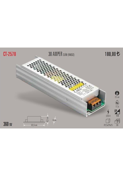 Cata Ct-2578 30 Amper Slim Şerit Led Trafosu 360 Watt - Fansız (454853807)