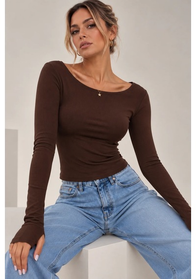Bb Butik Basic Soft Touch Parmak Geçmeli Kayık Yaka Bluz Mdk35 kahverengi