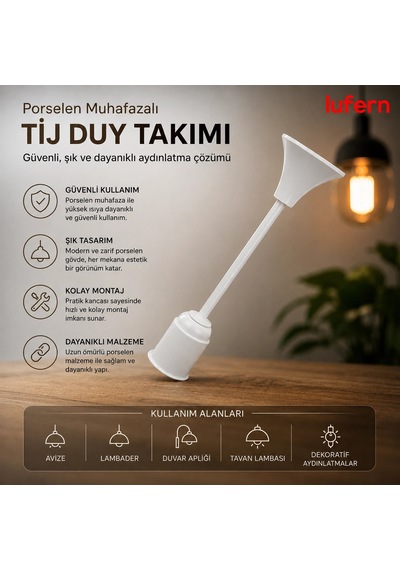 Isıya Dayanıklı Tij Duy Takımı E27 Uyumlu Porselen Muhafazalı Ev İş Yeri Avize Lambader Ampul