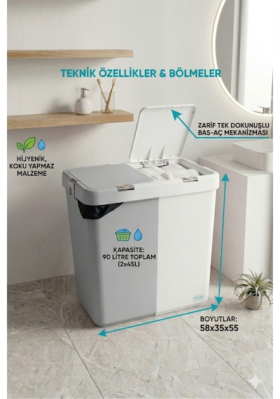 Çift Hazneli Kirli Çamaşır Sepeti 80 Litre 40+40 - Otomatik Kapaklı Beyaz & Renkli Ayrıştırma Gri-beyaz Gri-beyaz