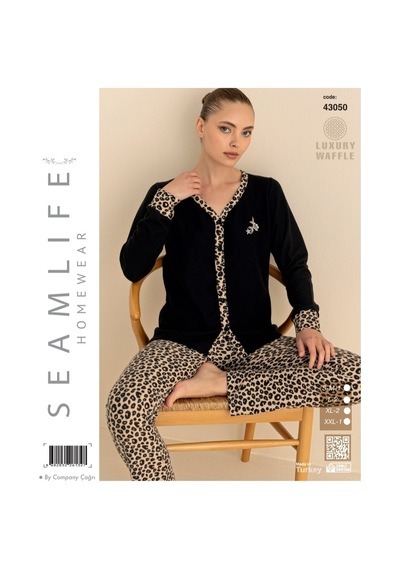 Seamlife Kadın Pamuklu Waffle Kumaş Kışlık Uzun Kollu Sıcak Tutan Pijama Takımı Siyah