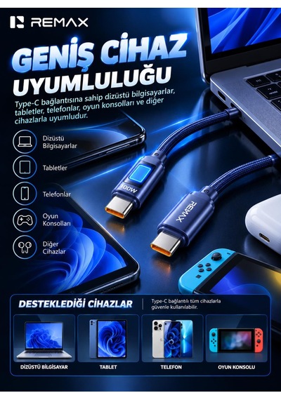 Remax Cb11-cc 100w Pd Type-c To Type-c 7 Renk Led Işıklı Örgülü Hızlı Şarj Ve Data Kablosu 1.2 Metre Lacivert