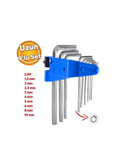 Allen Alyan Krom Anahtar Uzun 9'lu Set Altıgen Vida Sıkma Sökme Metal 1.5 2 2.5 3 4 5 6 8 10 Mm
