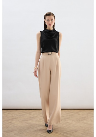 Sateen Kemerli Bol Pantolon - Bej-136821 Bej
