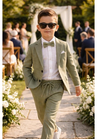 Baby Kids Colors Erkek Çocuk Flamlı Keten Salaş Ceketli Takım Elbise / Gömlek Pantolon Ceket Papyon Keten Takım Yeşil
