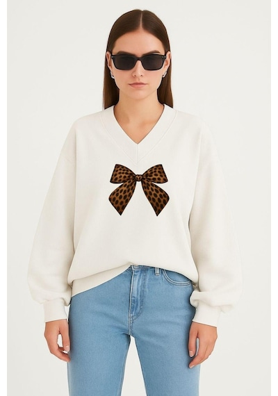 Benroma Kurdela Baskılı Ünisex V Yaka Sweatshirt Beyaz