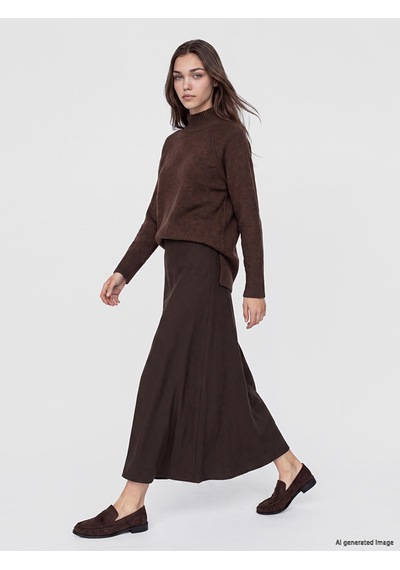 Lcw Modest Kahverengi Yarım Balıkçı Yaka Oversize Kadın Triko Tunik Xl-2xl
