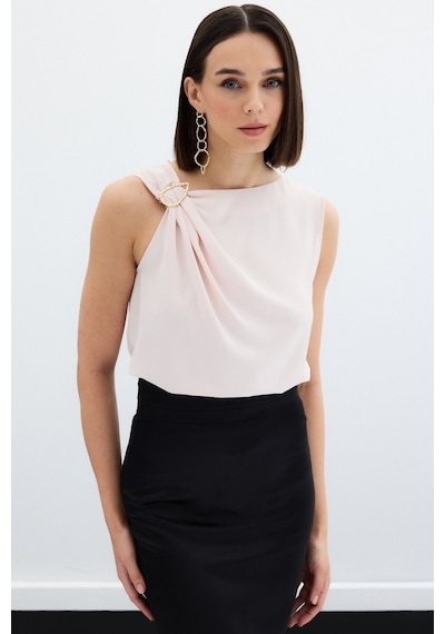 Sateen Tek Omuz Detaylı Bluz - Pudra-136133 Pudra