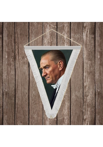 Sivil Mustafa Kemal Atatürk Portre Beyaz Saçaklı Üçgen Flama Bayrak Hatıra Flama Ata50 Diğer