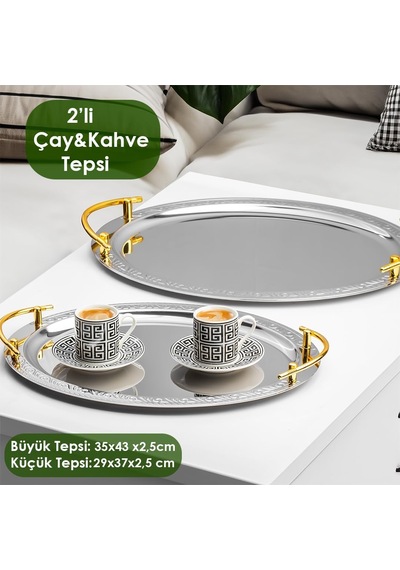 Elit Premium 2'li Paslanmaz Çelik Kahve Tepsisi Gümüş Tepsi Gold Detaylı Dekoratif Servis Sunum Tepsisi Çok Renkli