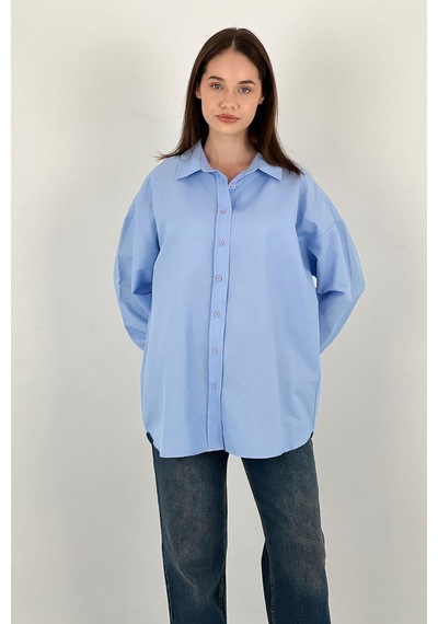 Miss Poem Kadın Polo Yaka Basic Oversize Uzun Kollu Pembe Gömlek Mavi