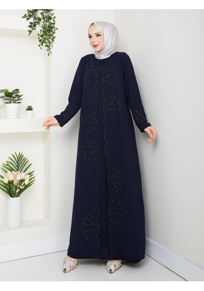 Eslemnur Lotus Çiçek Taşlı Büyük Beden Anne Elbisesi Lacivert
