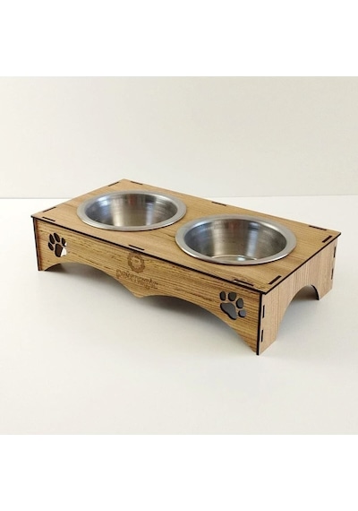 Petmagic 2'li Mama Kabı, Ahşap Çelik Kaseli Kedi Mama Kabı, Ahşap Standlı, Metal Kaseli