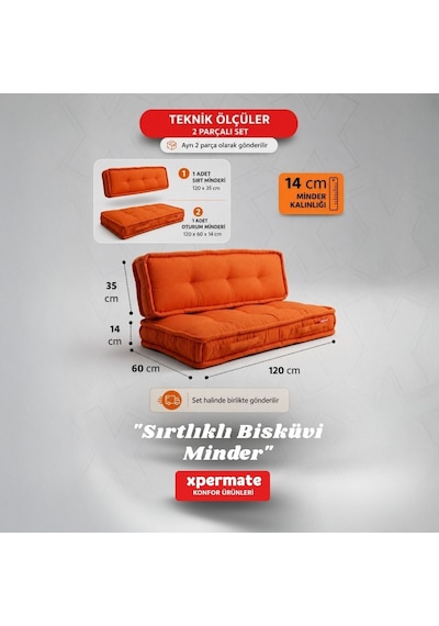 Xpermate Bisküvi Yer Minderi 60x120 Kalın Palet Balkon Petek Önü Fermuarlı Minder Turuncu
