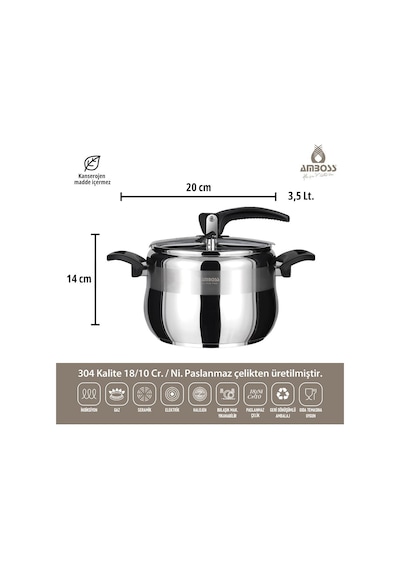 Amboss Amber Klasik Paslanmaz Çelik Düdüklü Tencere - Siyah Kulp - 3,5 Lt. 20 Cm Gri
