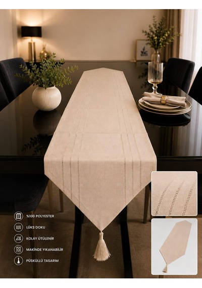 Lexroo Runner Leke Tutmaz Dertsiz Kumaş Dekoratif Çeyiz Cappuccino 35x140 Çok Renkli
