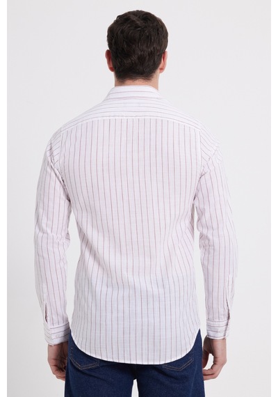 Tudors Erkek Slim Fit Dar Kesim Uzun Kollu %100 Pamuk Keten Doku Çizgili Gömlek-42652 Beyaz