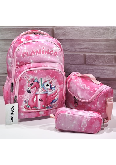 İlkokul Çantası Kız Çocuğu 3'lü Set Pembe İlk Okul Çantası Karakter Baskılı Sarı