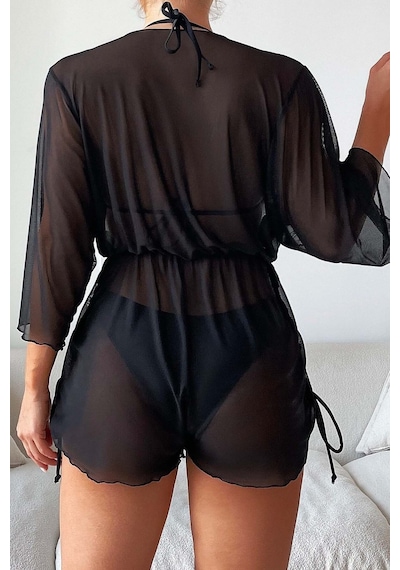 Angelsin Şifon Pareo Plaj Elbesi Cover Up Kimono Siyah 001