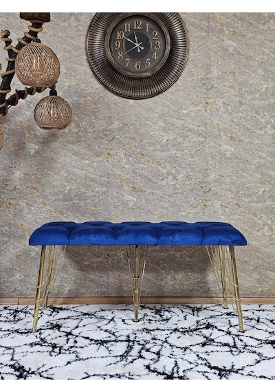 Zafir Metal Gold Tel Ayaklı 100 Cm Puf Bench - Puf - Bench - Oturak - Mutfak Oturağı - Antre Oturağı Mavi