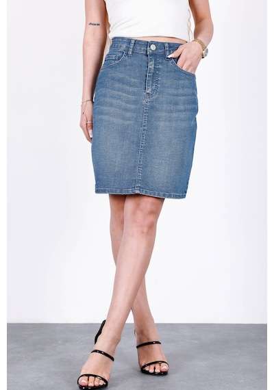 HLT Jeans Nordic Blue Kadın Regular Fit Likralı Yüksek Bel Orta Boy Denim Kot Etek Alice-4013 Mavi