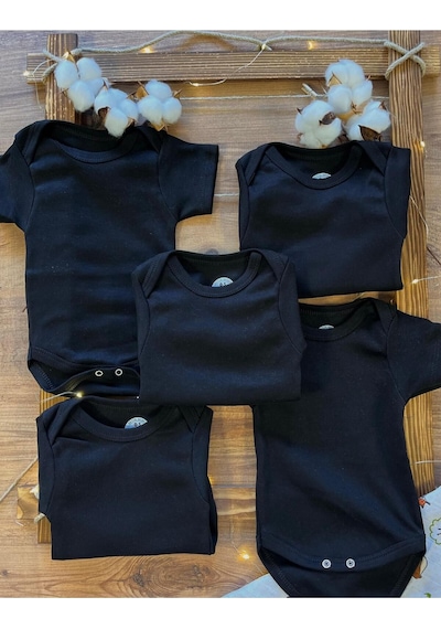 Betül Bebek Kısa Kollu 5'li Organik Pamuk Çıtçıtlı Bebek Body&zıbın 5 Adet Siyah