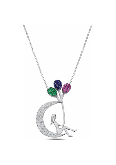 Çekirdekjewelry 925 Ayar Gümüş Ay Kolye Renkli Taşlı Zarif Kadın Tasarım Gri