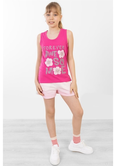 Brz Kids Baskılı Yırtmaçlı Kız Çocuk Sıfır Kol T-shirt-fuşya Fuşya