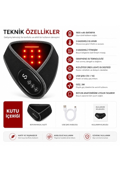 Graphene Isı Teknolojili Boyun Isıtıcı Masaj Aleti 5 Kademeli Isı Ayarı 3 Kademeli Titreşim Usb Şarjlı Kablosuz Boyun Destekleyici Siyah