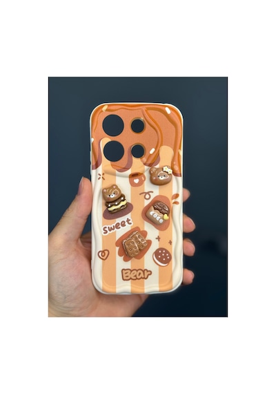 Fibaks Redmi Note 13 4G Uyumlu Kılıf Tasarımlı Desenli Kamera Korumalı Ayıcık Bisküvi Renkli Cofffe Silikon Kapak